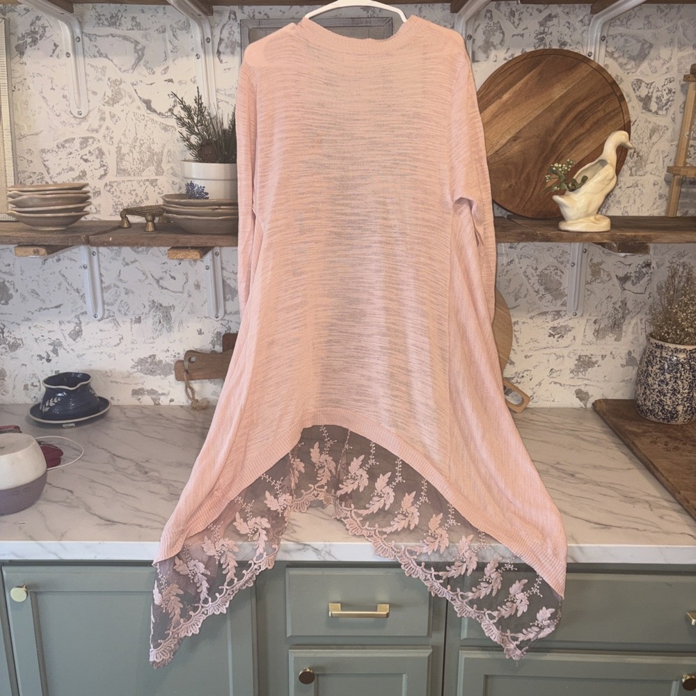 ALYA Woman's Small Pink Romantic Lace Duster Sweater Boho Festival